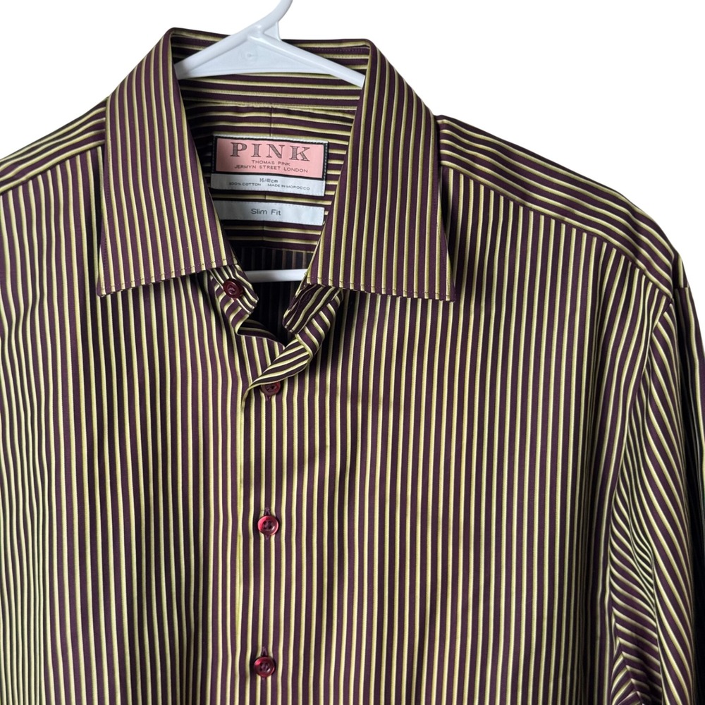 Thomas Pink Button Down Shirt Mens 16 Purple Green Striped Slim Fit Long Sleeve